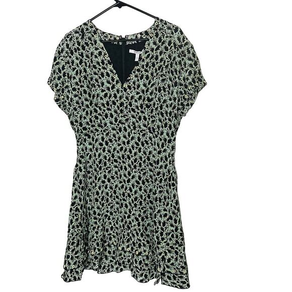 DEREK LAM 10 Crosby Green Black Leaf Printed V Neck Grommet Mini Dress Size 12 - Picture 3 of 14